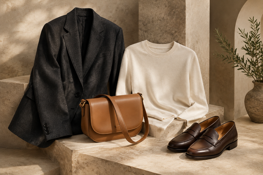 Charcoal blazer, cream knit top, tan crossbody bag, and brown loafers arranged against a warm stone background⠋