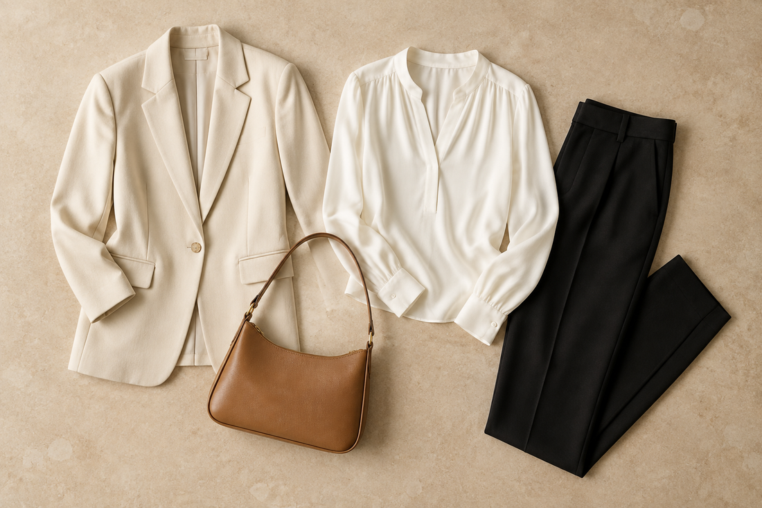  Cream blazer, black trousers, ivory blouse, and tan shoulder bag arranged on a warm beige background
