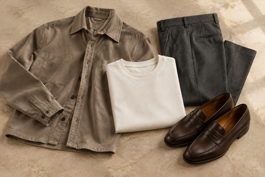 Taupe overshirt, ivory crewneck shirt, charcoal trousers, and brown loafers arranged on a warm stone background