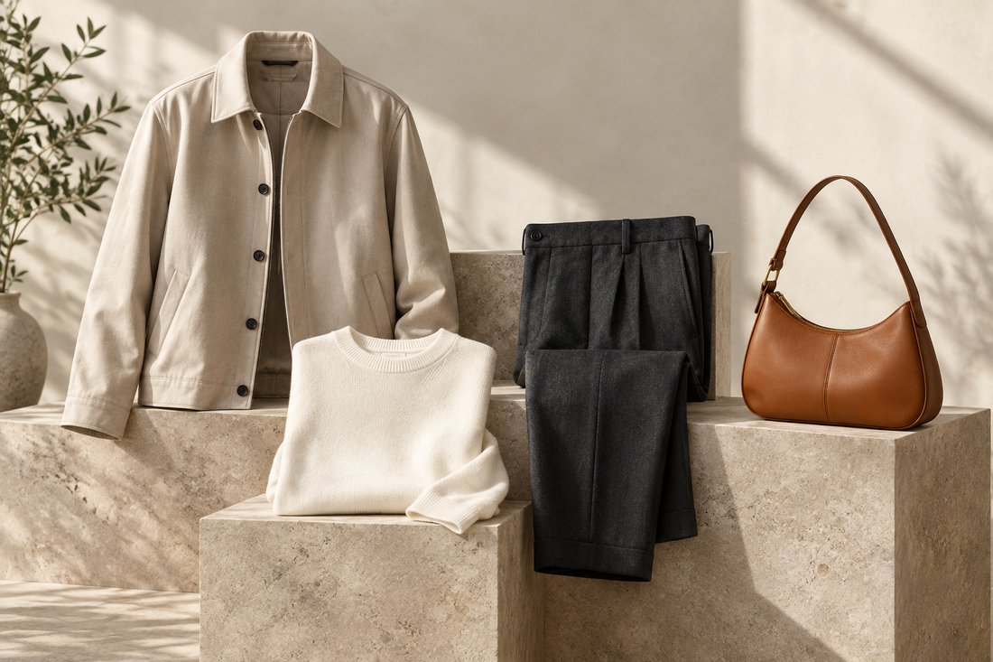 Beige jacket, white knit top, dark trousers, and cognac shoulder bag arranged on stone display blocks