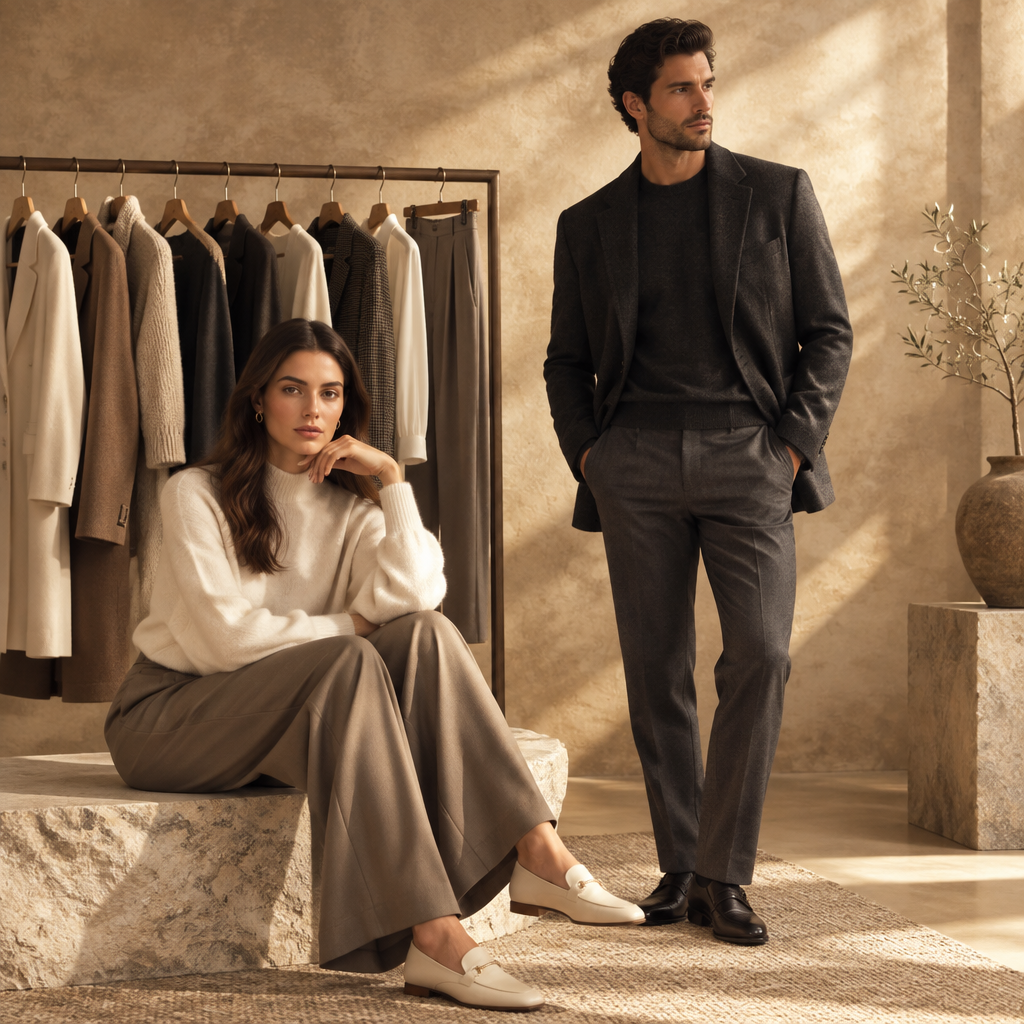 Two models beside a rack of neutral-toned contemporary clothing in a warm studio