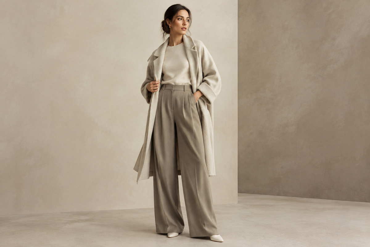 Woman wearing a contemporary neutral outfit against a warm studio background
