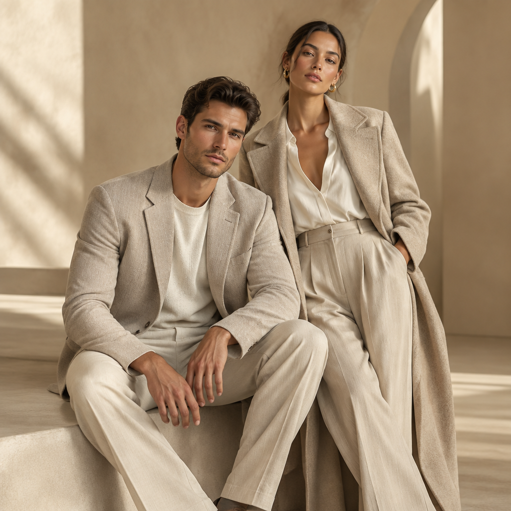 Two models in neutral contemporary fashion against a warm studio background