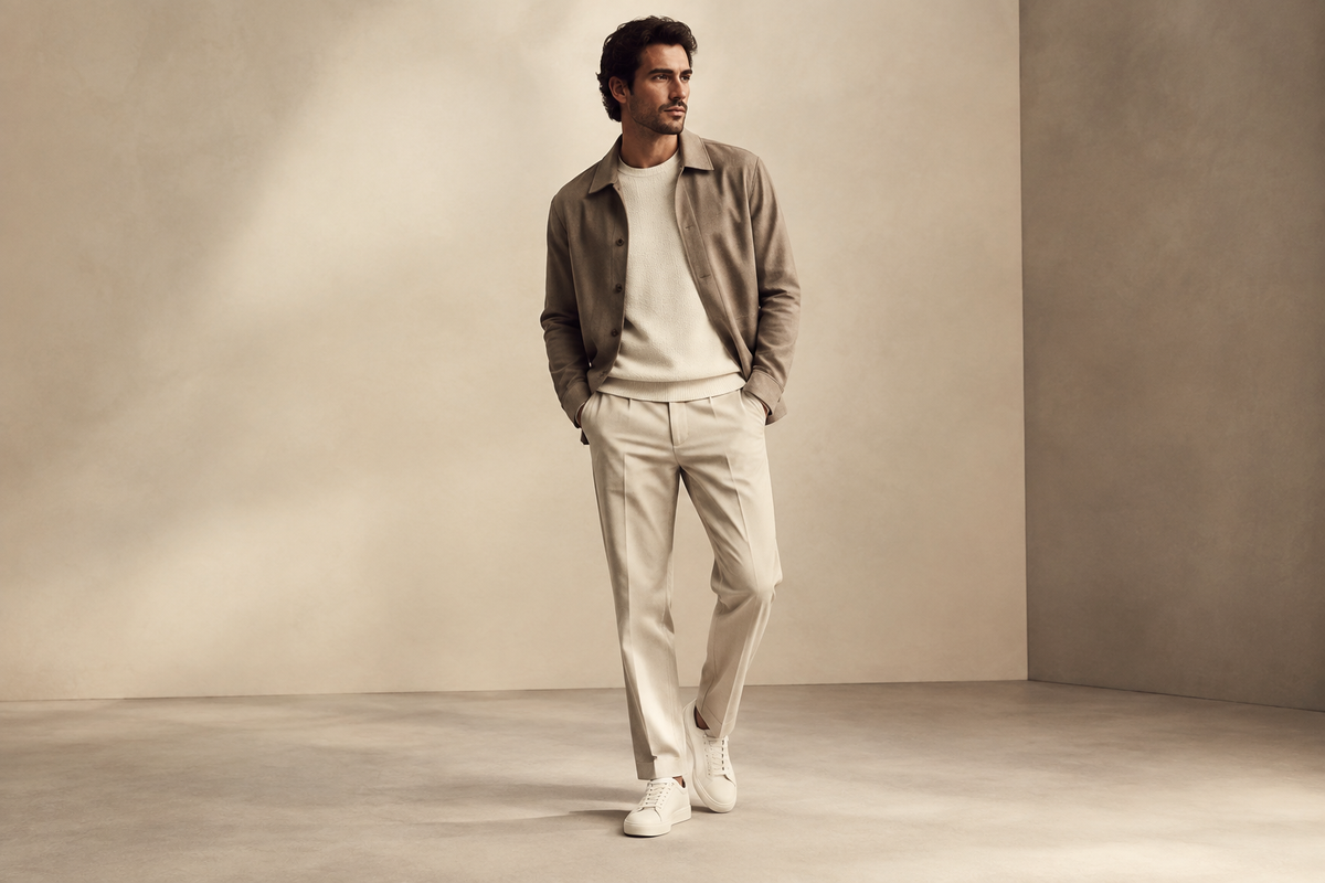 Man wearing a contemporary neutral outfit against a warm studio background